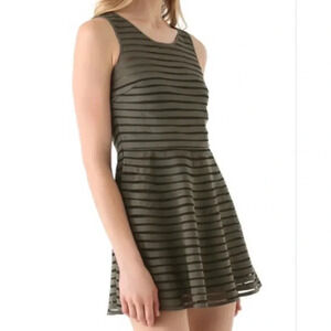 Parker Olive Green and Black Mesh Stripe Silk Skater Dress Size Small